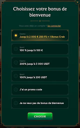 Casinia – Choisissez votre bonus de bienvenue Fenêtre de sélection du bonus de bienvenue : options Casino et Sport