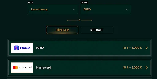 «Options de dépôt et retrait Casinia»