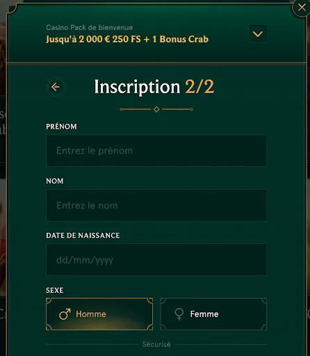 Casinia : Inscription – Étape 2 Formulaire d’inscription étape 2 – prénom, nom, date de naissance et sexe