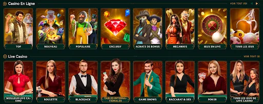 «Interface Casinia – sections Casino en ligne et Live Casino avec catégories (Top, Nouveau, Populaire, Exclusif, Achats de bonus, Megaways, Jeux en live, Tous les jeux)»