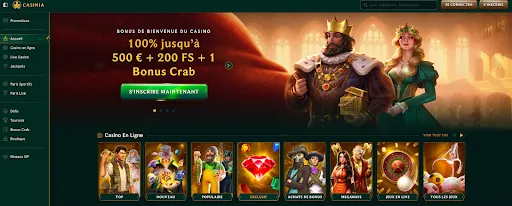 Page d'accueil Casinia mettant en avant le bonus de bienvenue du casino (100 % jusqu'à 500 € + 200 FS + 1 Bonus Crab)