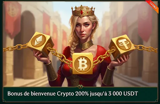 Reine médiévale tenant une chaîne de cubes Bitcoin, Ethereum et Tether
