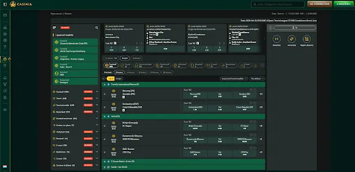 «Interface de paris sportifs Casinia avec ligues en vedette, matchs en direct et catégories de sports»