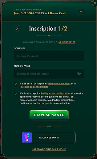 Casinia : Inscription – Étape 1 Formulaire d’inscription étape 1 – adresse e-mail et mot de passe